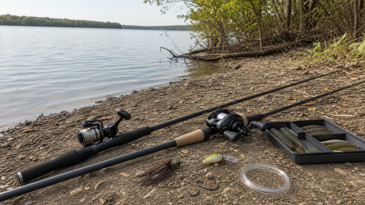 Bass fishing rod and reel with soft plastics, hooks, line, and a compact tackle tray beside a freshwater shoreline