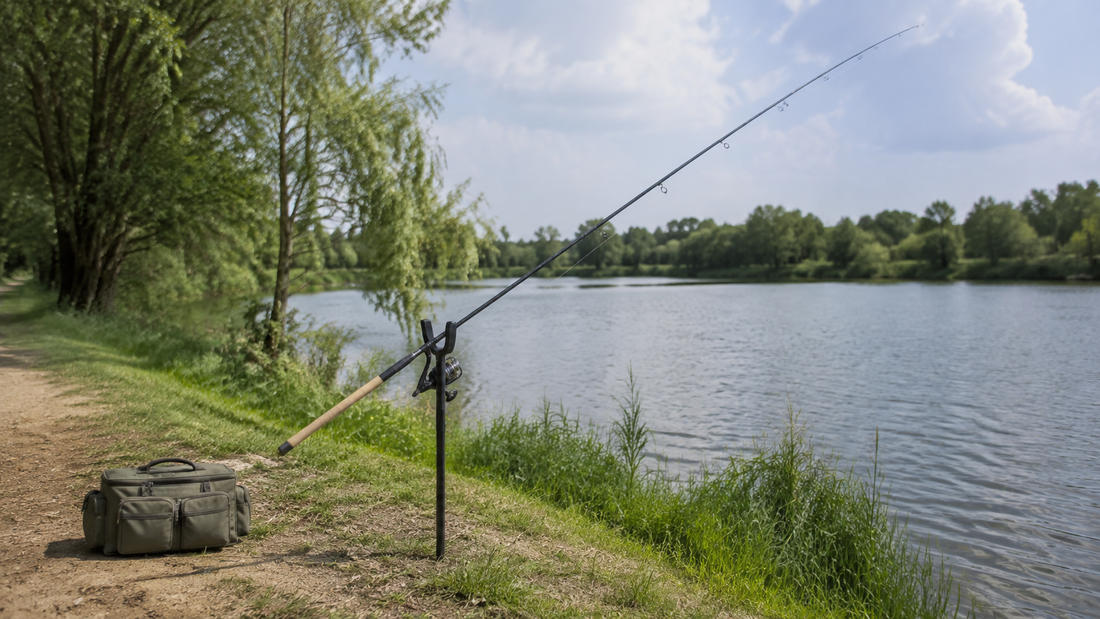 Fishing rod resting in a bank holder on a clear freshwater shoreline with open footing around the setup