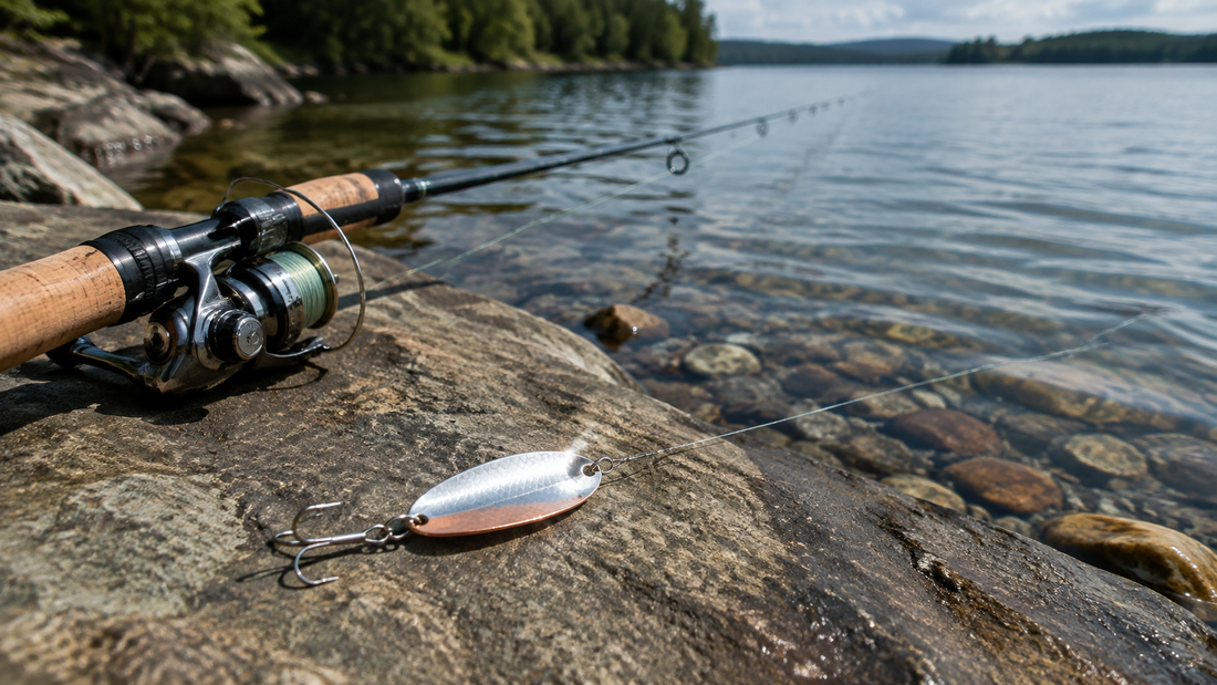Silver and copper spoon lures resting beside a light spinning rod at a clear freshwater shoreline