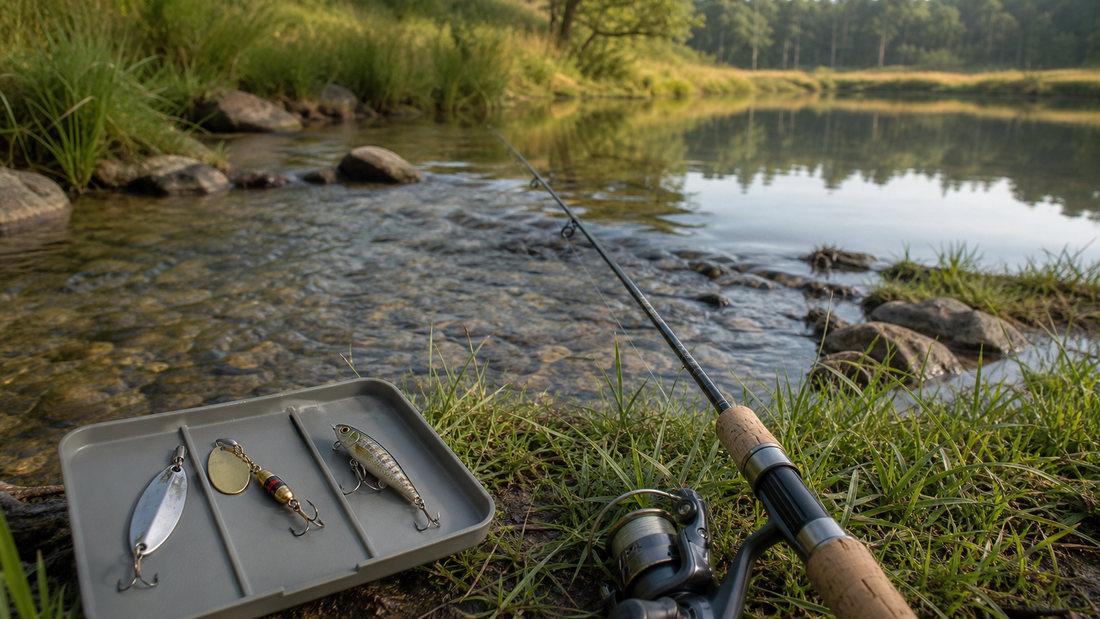 Small trout spoons, inline spinner, and minnow lure on a tray beside an ultralight spinning rod at a stream and pond bank