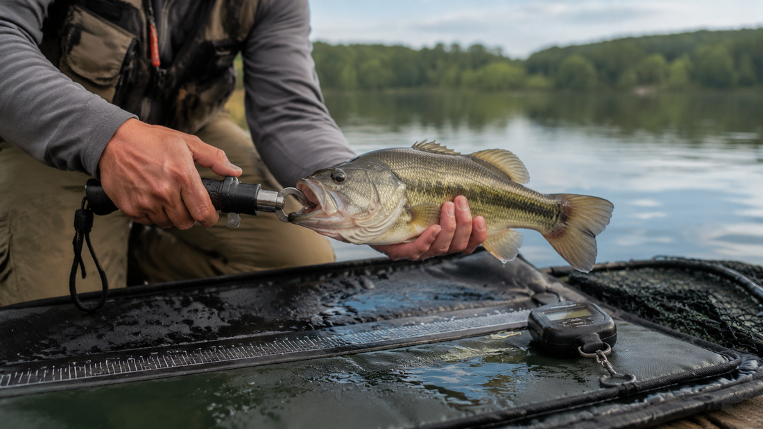 Angler holding a freshwater fish over a wet measuring mat with a lip gripper and scale nearby