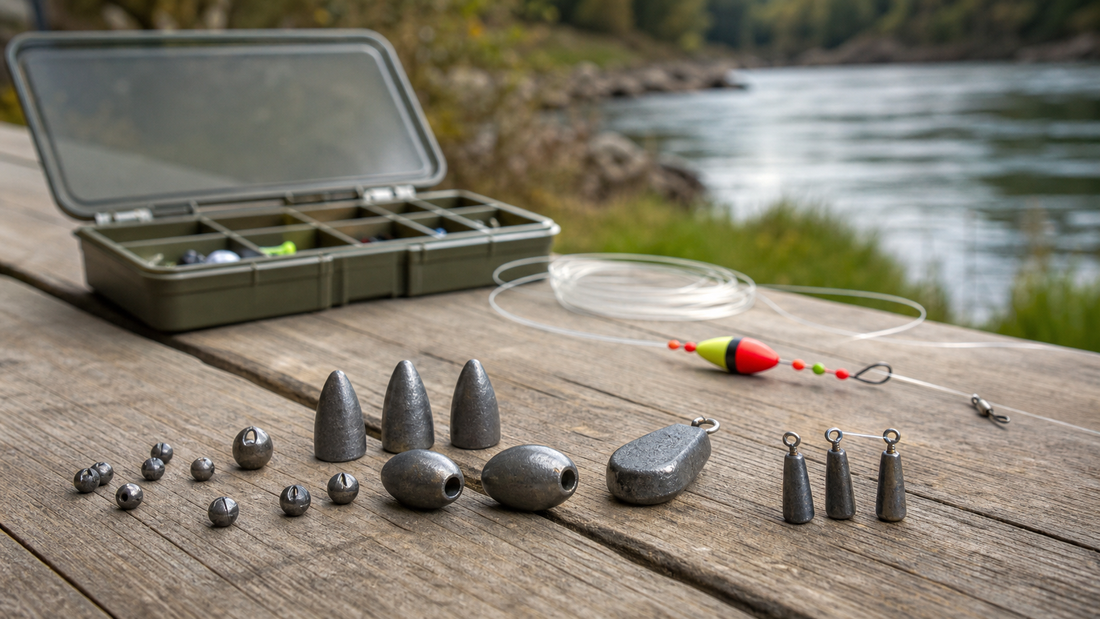 Round and teardrop fishing sinkers organized in a divided tackle case for comparing weight shapes