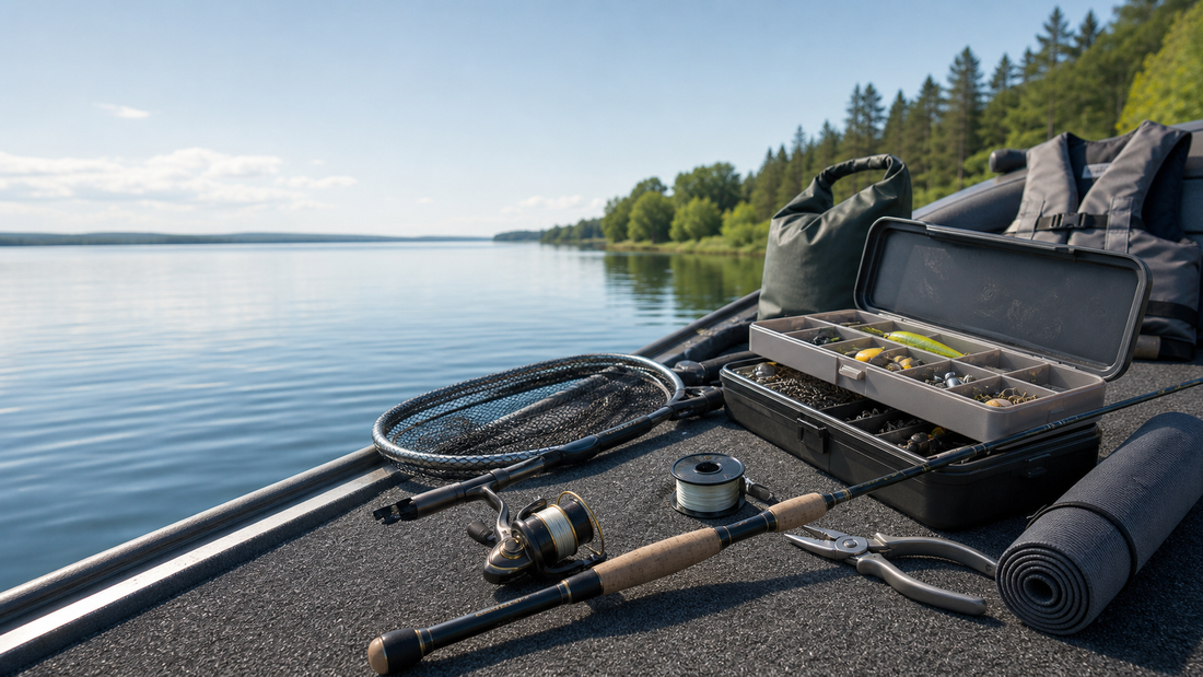 Freshwater boat fishing tackle checklist with compact tackle box, pliers, landing net, measuring mat, and rod