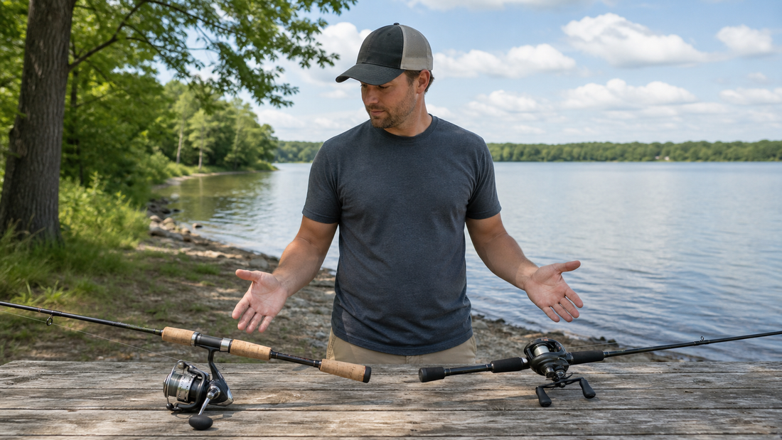 Beginner fishing comparison with a spinning reel and baitcasting reel beside a rod on a freshwater lake