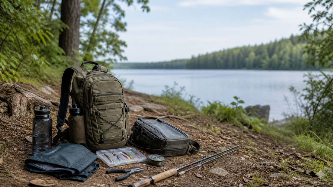 Fishing backpack and compact tackle organizers beside a rod on a wooded freshwater bank trail