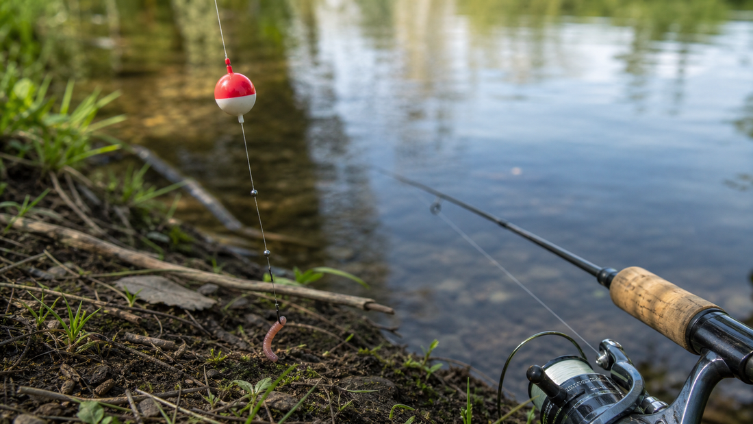 Bobber, small jig, light spinning rod, and soft panfish lures arranged beside a freshwater pond