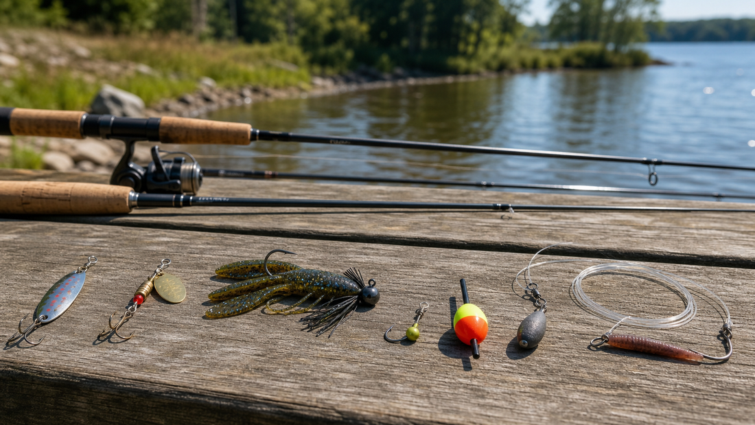 Angler choosing a freshwater fishing setup from a rocky bank with a rod, reel, tackle bag, and spare rod
