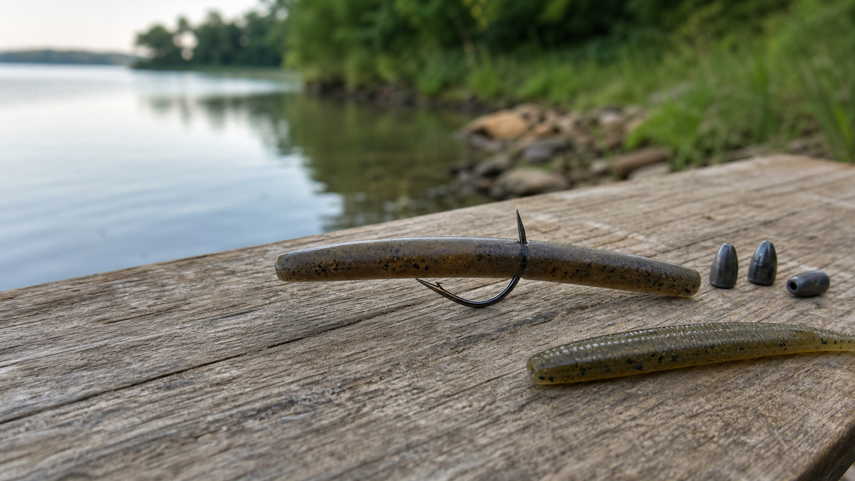 Bass wacky rig with a stick bait hooked through the center beside hooks and weights on a freshwater dock