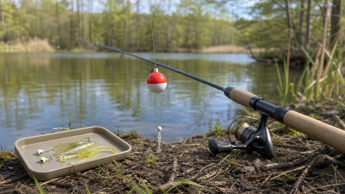 Crappie jig suspended below a red and white float beside a light spinning rod and small soft plastics on a pond bank