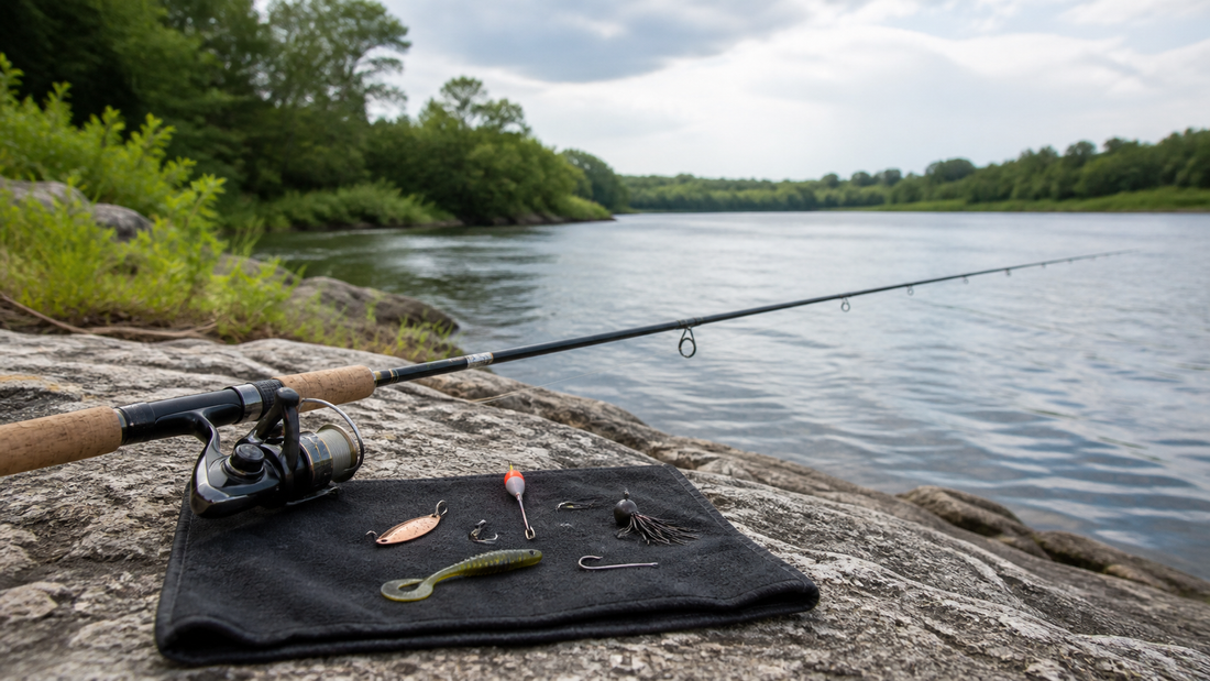 Medium-light spinning rod and reel with trout, panfish, and bass lures arranged beside a freshwater bank