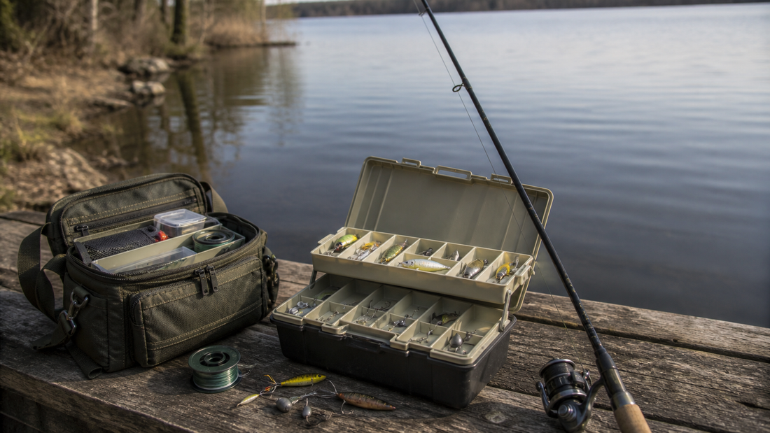 Fishing tackle bag open beside a hard tackle box, lure trays, hooks, and a rod on a freshwater bank