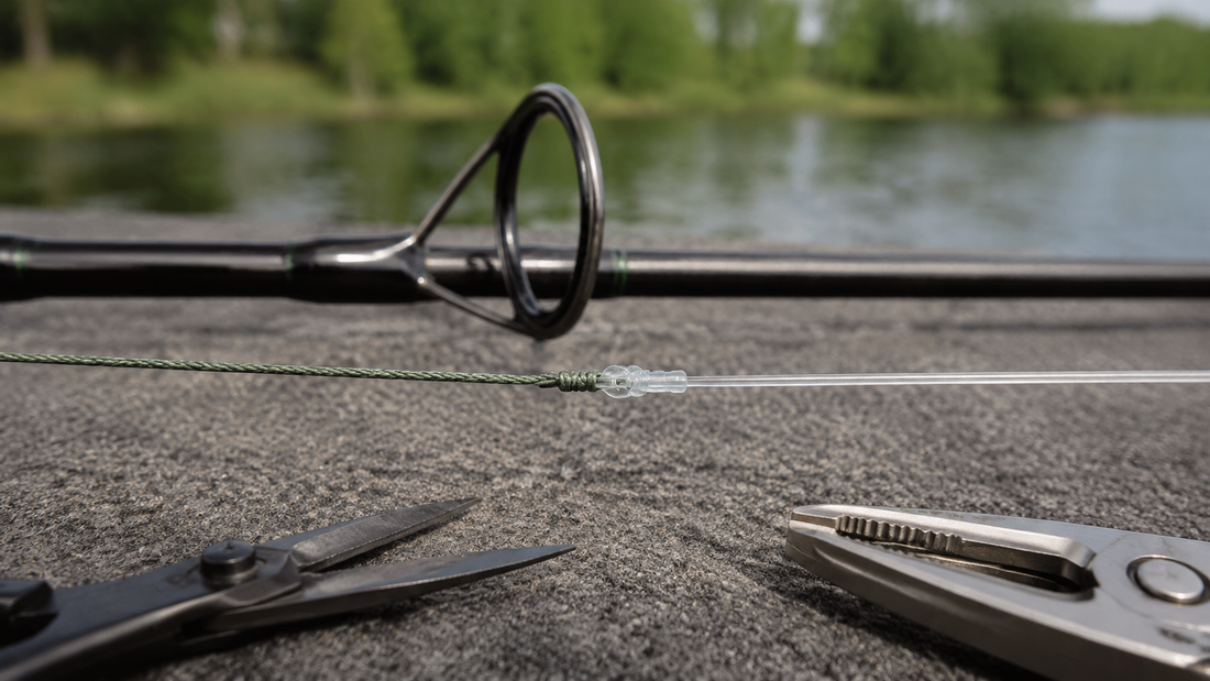 Braided line and fluorocarbon leader joined beside a fishing rod guide and knot-tying tools on a tackle table