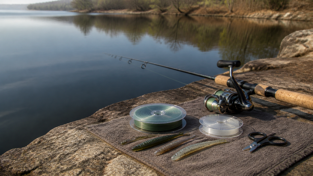 Braided fishing line spool, fluorocarbon leader, pliers, and a spinning reel beside a freshwater shoreline