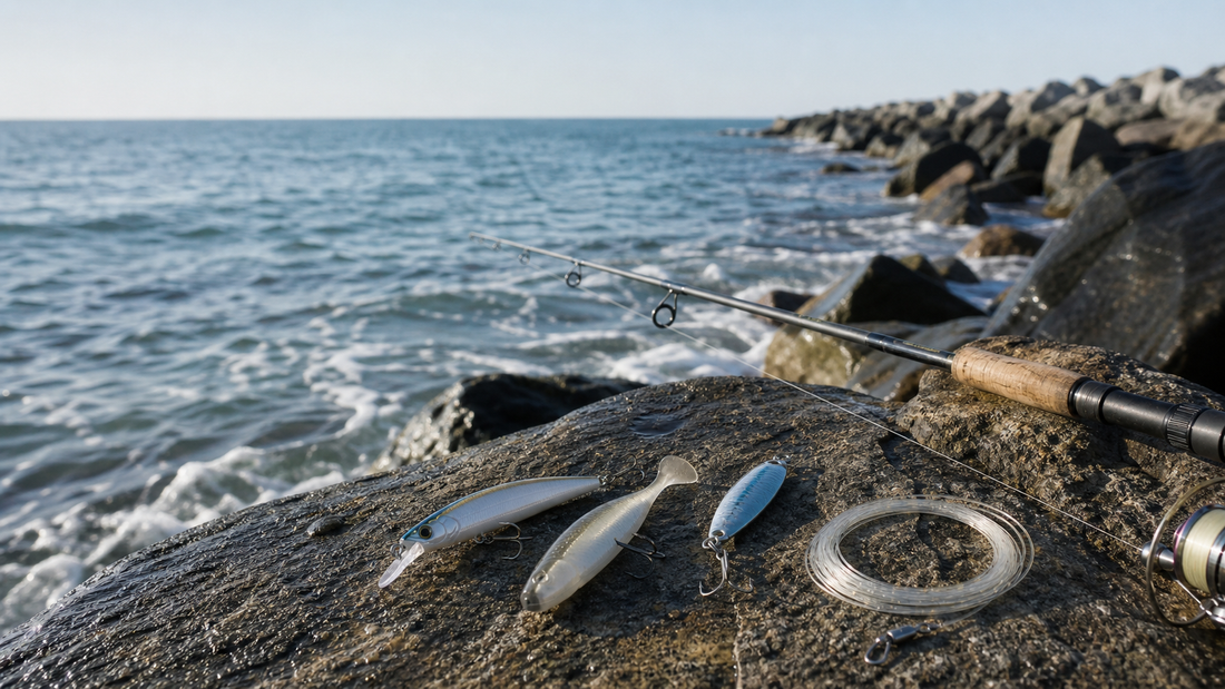 Striper fishing lures including a minnow plug, soft swimbait, and metal lure arranged beside a rocky saltwater shoreline