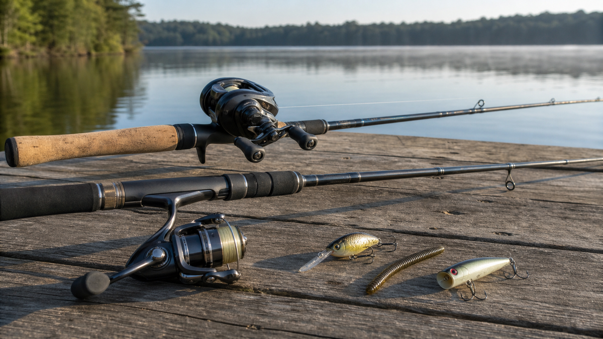 Spinning reel and baitcasting reel displayed on a lakeside table for comparing fishing reel gear ratios