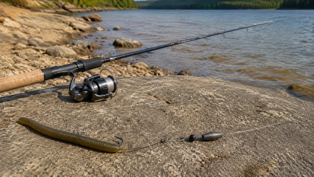 Carolina rig components arranged on a rocky freshwater bank with a soft plastic bait and bass rod