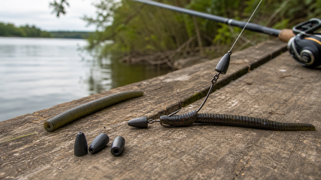 Texas rig sequence showing a bullet weight, wide-gap hook, and soft plastic bait aligned for bass fishing