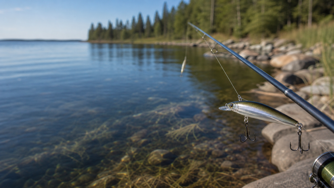 Silver minnow-style jerkbait with a diving bill and treble hooks reflected on a dark surface