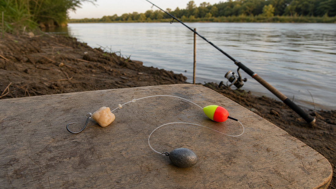 Catfish bait beside a circle hook, float, sinker, and rod on a river bank