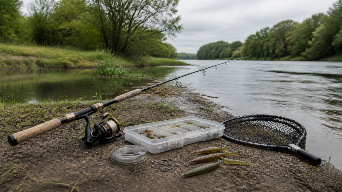 Flexible freshwater fishing gear kit with spinning rod, reel, line, lures, and tackle box beside varied shoreline water