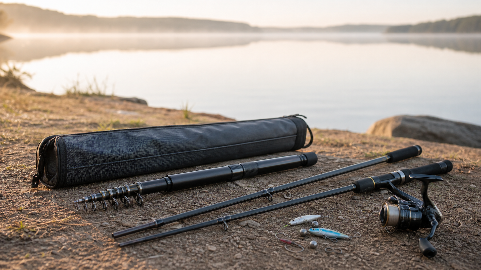 Compact multi-piece and telescopic fishing rods with a small reel and travel tackle case beside a freshwater lake