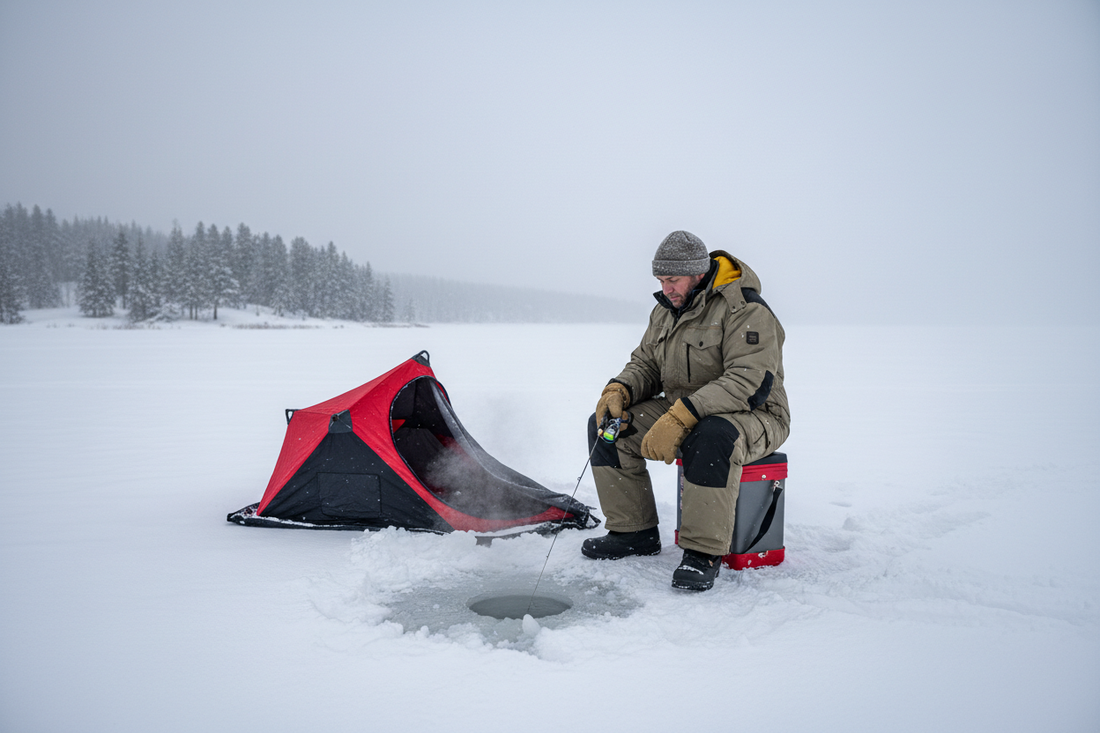 Ice fishing auger, rod, tip-up, shelter, and safety gear on a frozen lake