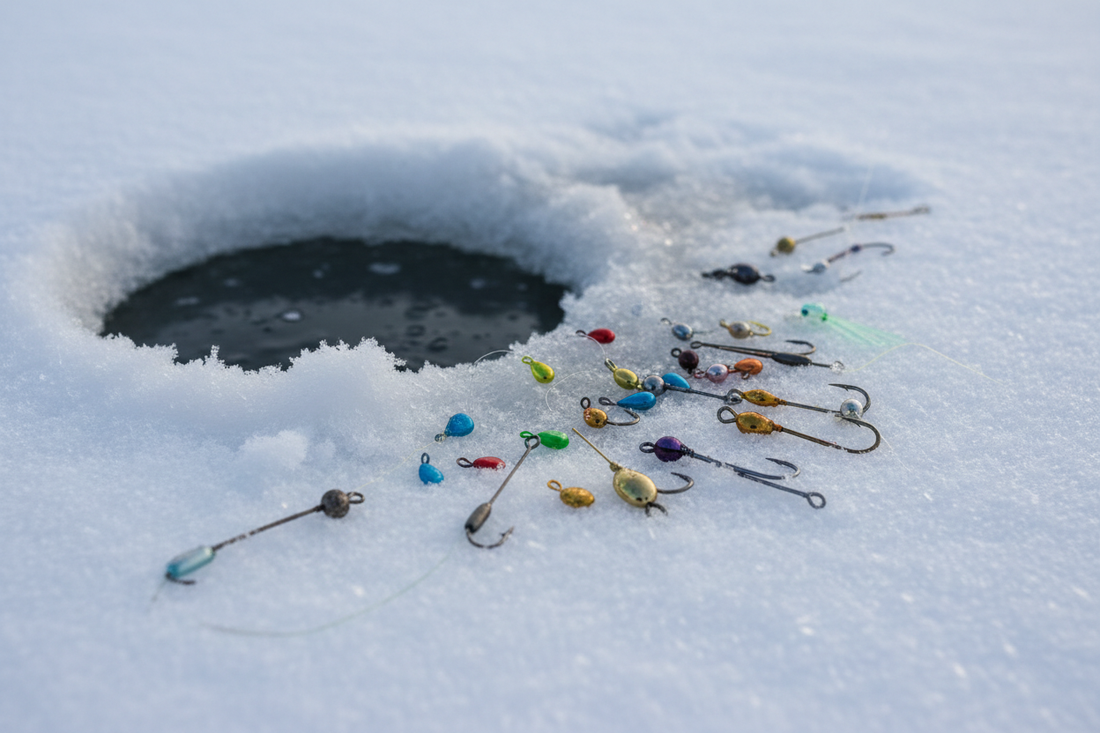 Small ice fishing jigs and soft baits beside an ice fishing rod