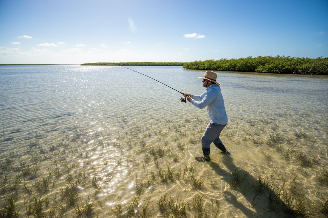Inshore fishing rod, spinning reel, braided line, leader, lures, and terminal tackle
