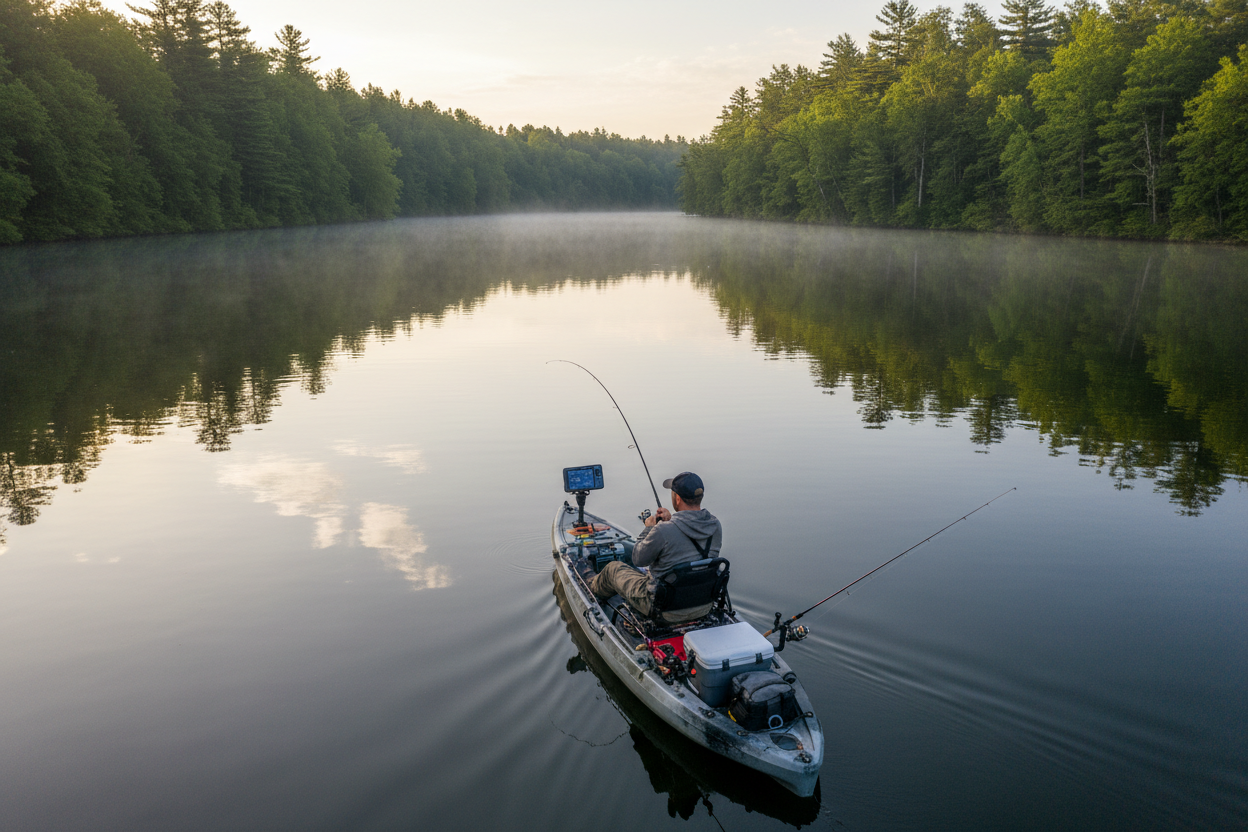 Fishing kayak with rod holders, compact tackle storage, and fish finder