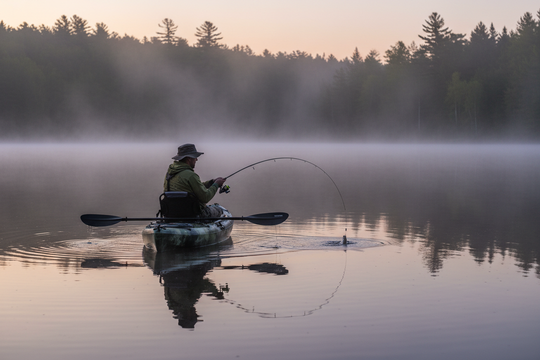 Kayak fishing lures including a swimbait, weedless jig, popper, spinnerbait, and minnow lure