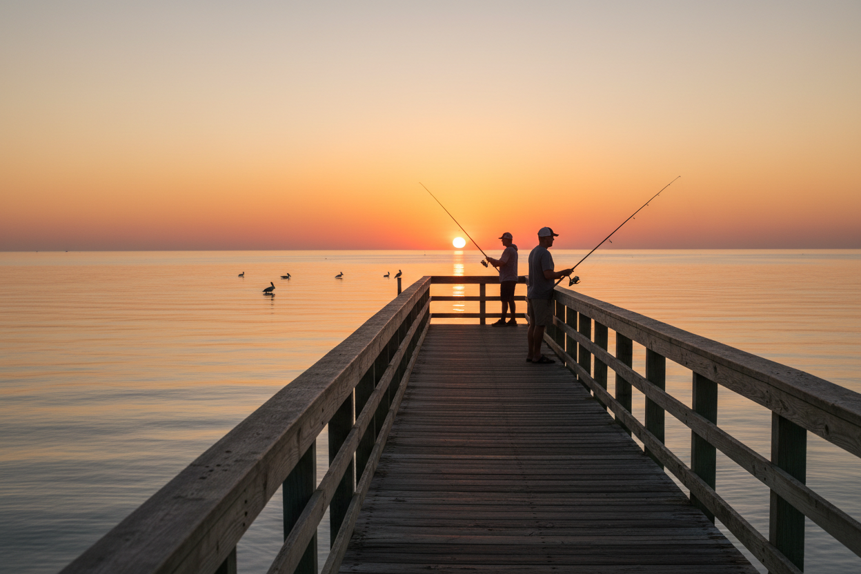 Pier fishing setup with spinning rod, terminal tackle, bait, and tackle bag beside a dock