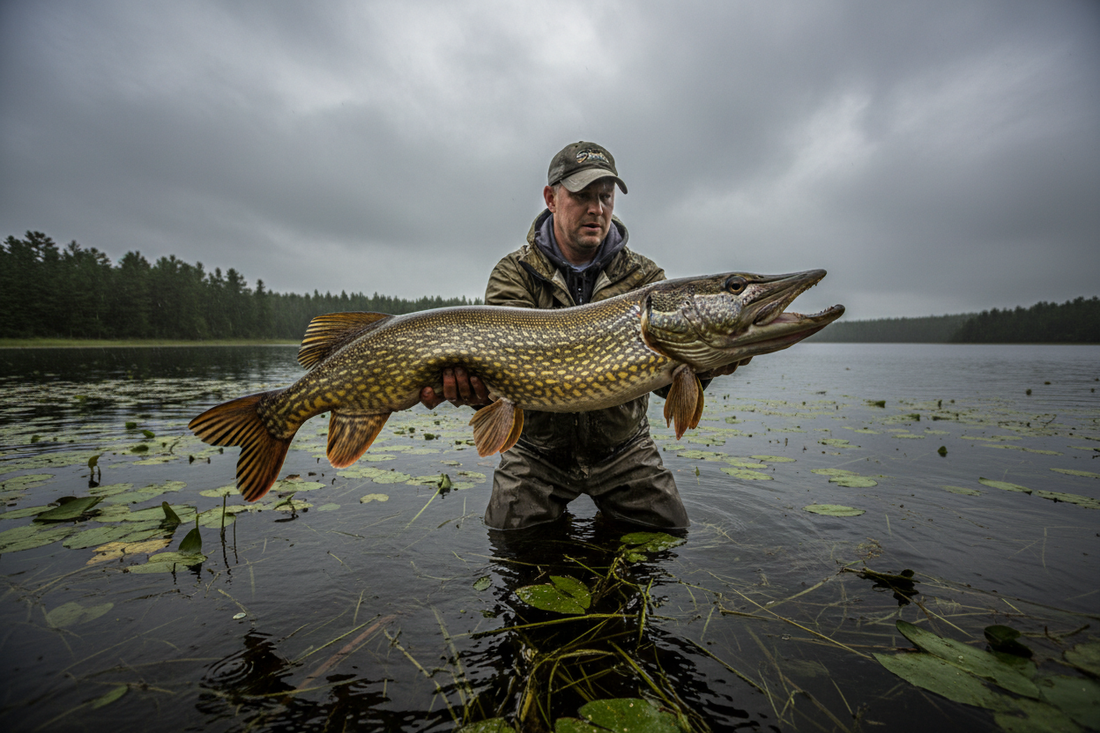 Pike fishing lures including a swimbait, minnow, spinnerbait, and wire leader