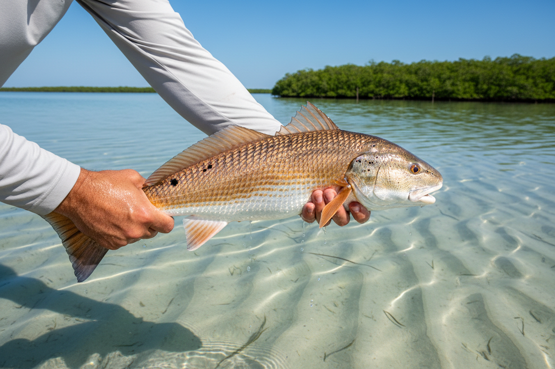 Gold spoon, soft plastic shrimp, and topwater lure for redfish on shallow flats