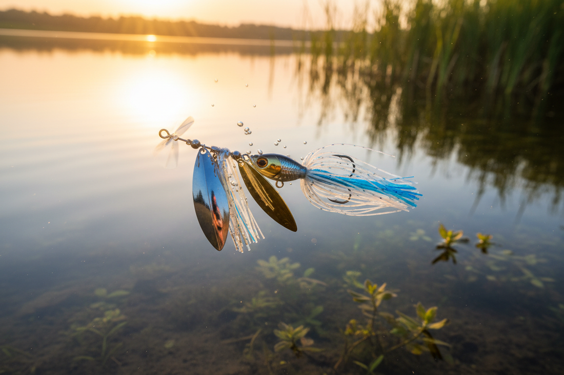 Spinnerbait with metal blades, silicone skirt, and weed-resistant hook beside a bass lure box