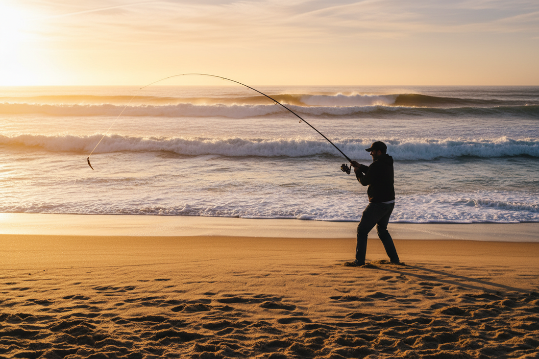 Surf fishing rod, spinning reel, braid, pyramid sinker, and bottom rig on a sandy beach