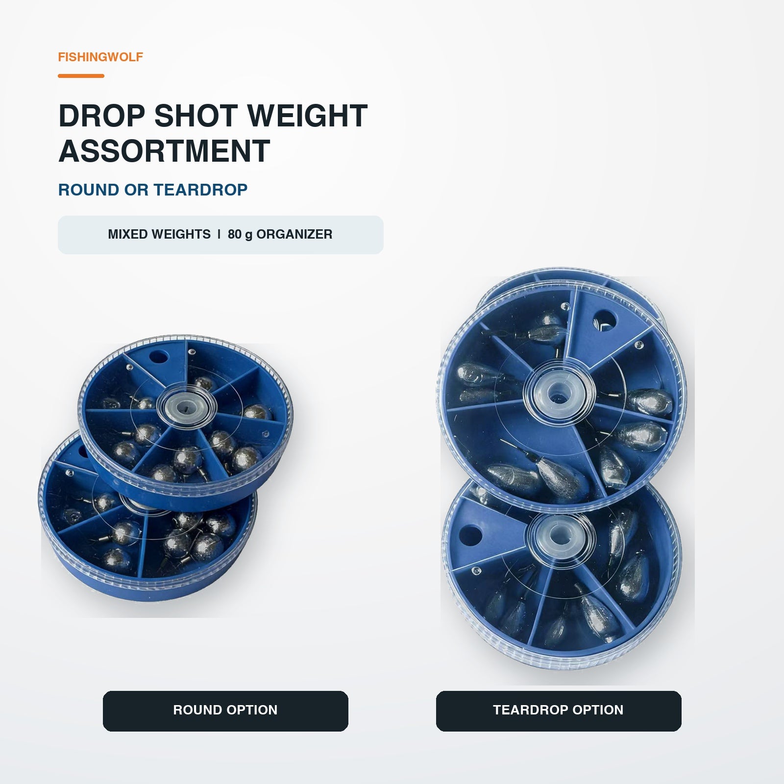 Fishingwolf round and teardrop drop shot weight organizer options