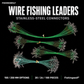 Stainless steel wire fishing leaders with green-coated lines, swivels, and snap connectors