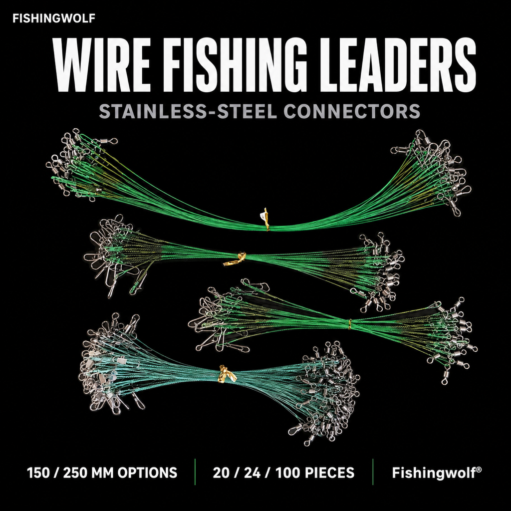 Stainless steel wire fishing leaders with green-coated lines, swivels, and snap connectors