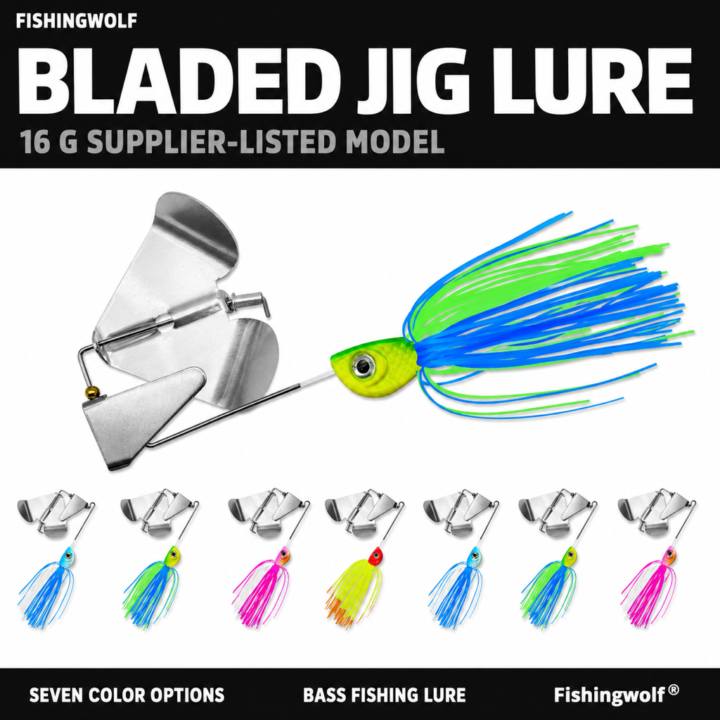 Skirted bladed jig lure set with silver metal blade and seven multicolor skirt strands