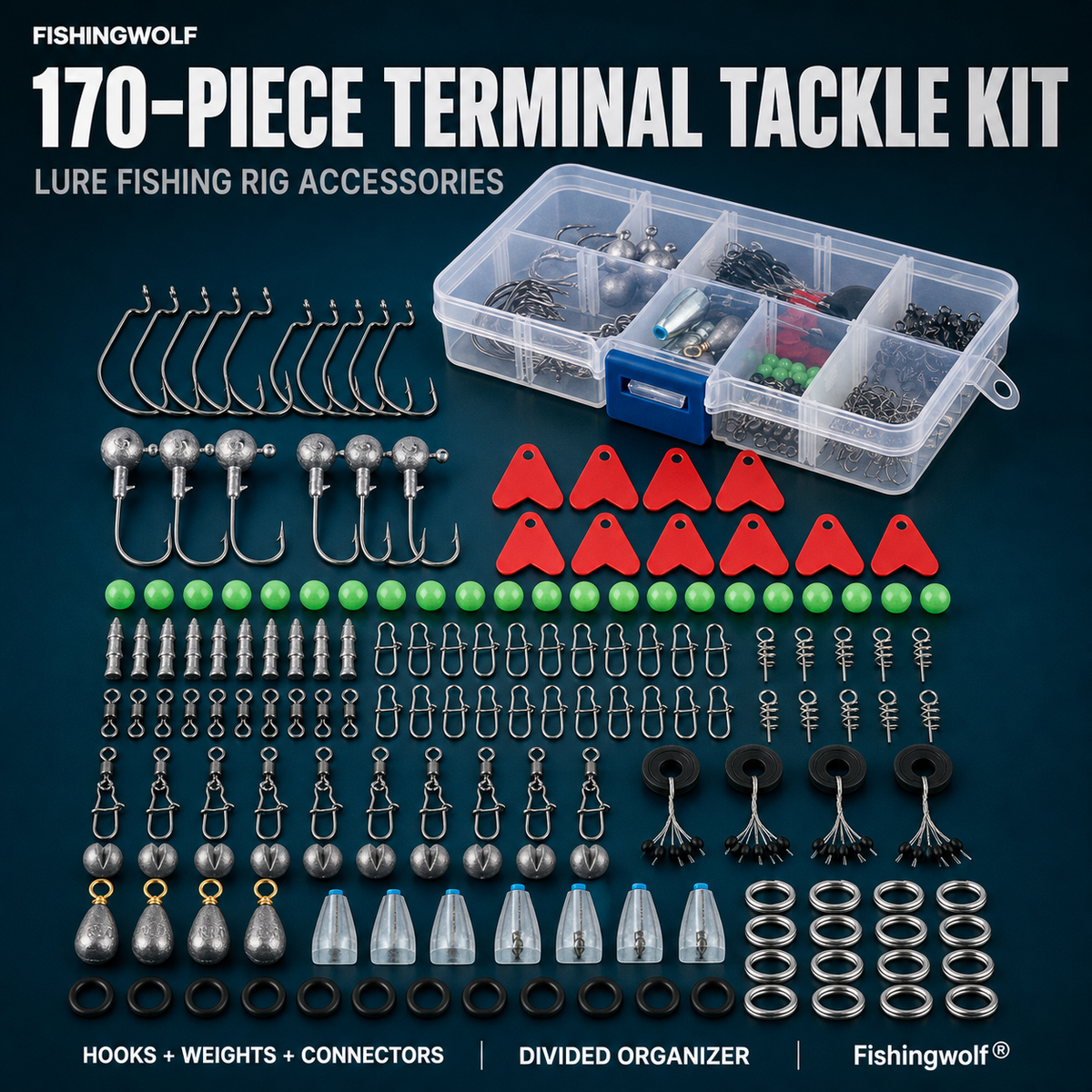 170-piece fishing terminal tackle kit with divided organizer, hooks, weights, connectors