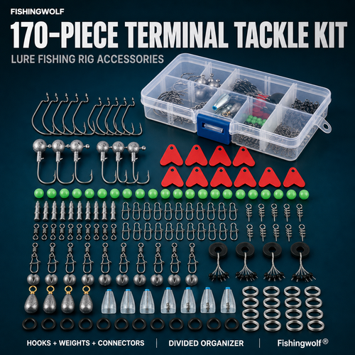 170-piece fishing terminal tackle kit with divided organizer, hooks, weights, connectors