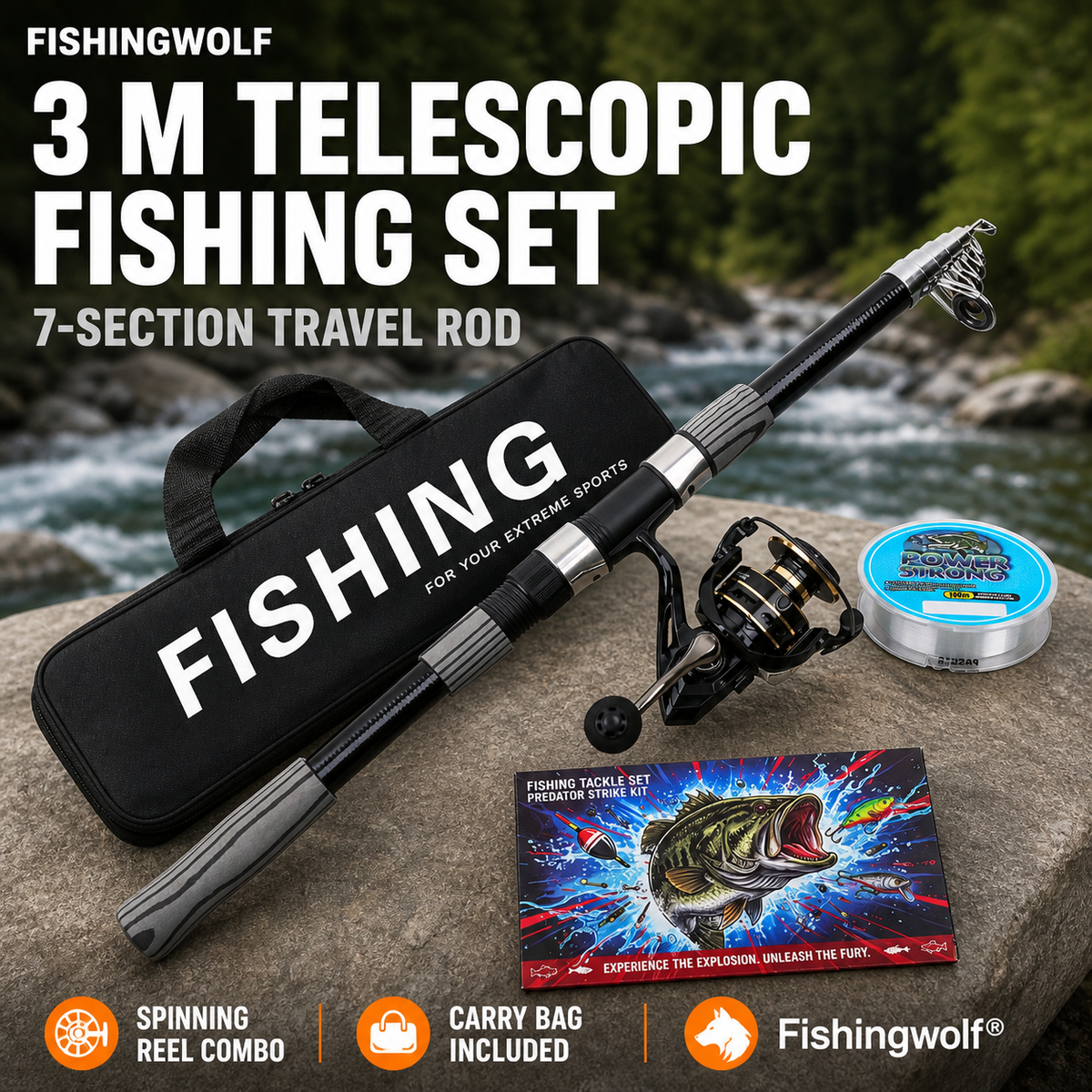 Fishingwolf authorized creative gallery | Hero | Fishingwolf 3 m Telescopic Spinning Rod & Reel Combo - 7-Section Portable Travel Set, Carry Bag, Model 9020 for Lure Fishing