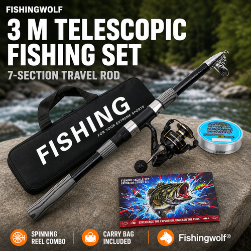 Fishingwolf authorized creative gallery | Hero | Fishingwolf 3 m Telescopic Spinning Rod & Reel Combo - 7-Section Portable Travel Set, Carry Bag, Model 9020 for Lure Fishing