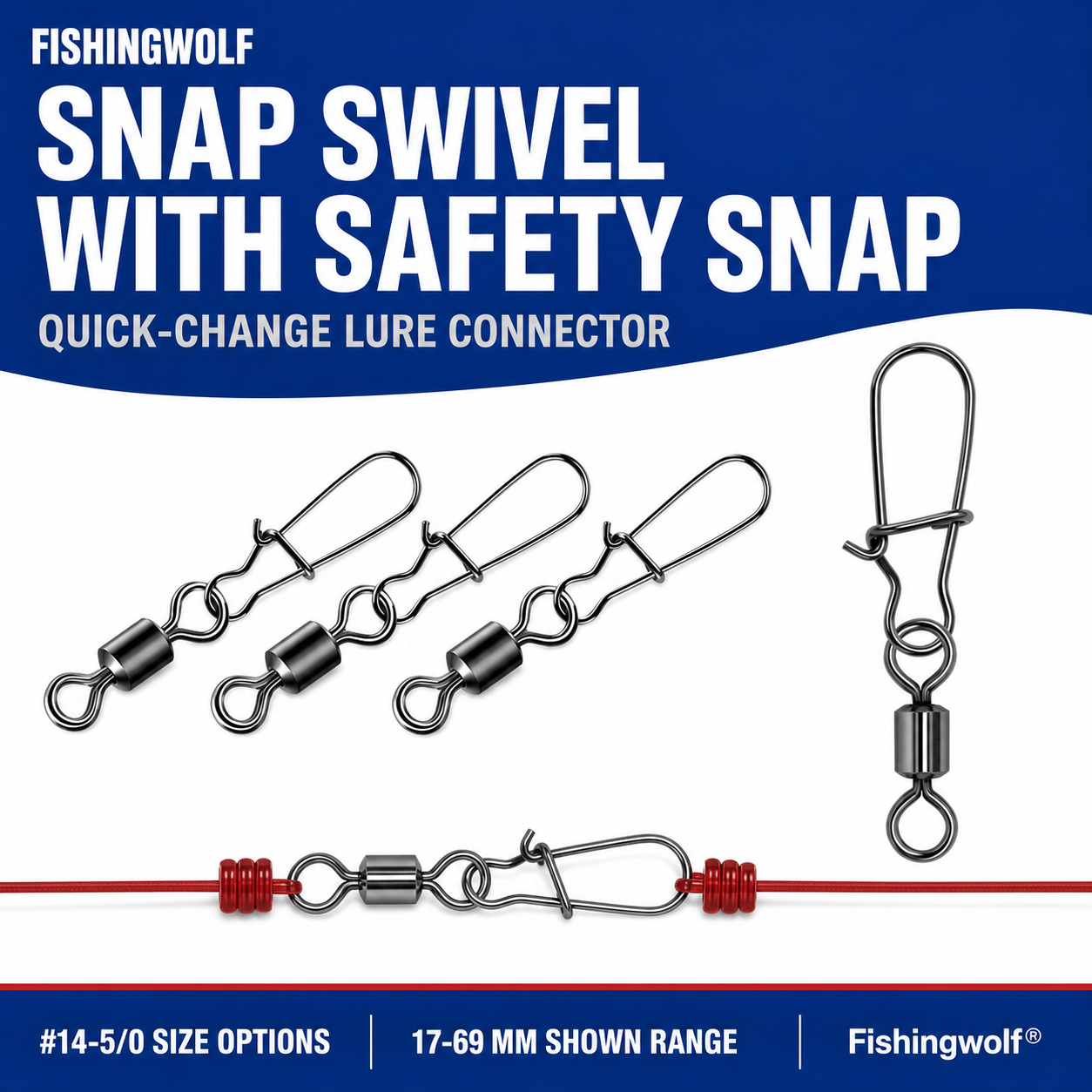 Fishingwolf authorized creative gallery | Hero | Fishingwolf Snap Swivel with Safety Snap - Quick-Change Lure Connector, #14-5/0, 17-69 mm, Natural and Black Options