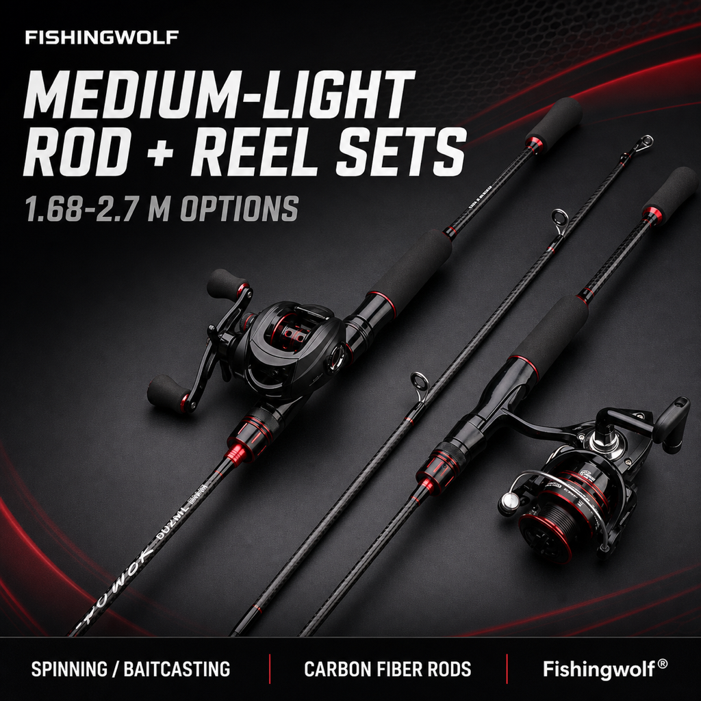 Medium-light rod and reel set lineup with carbon rods, EVA grips, and red accent wraps