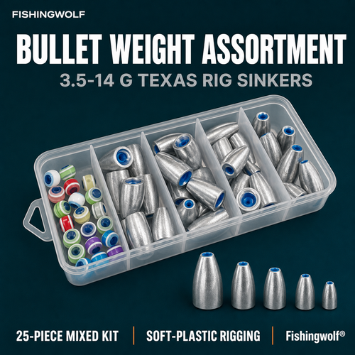 Bullet weight assortment in clear organizer box, metallic sinkers with blue inserts