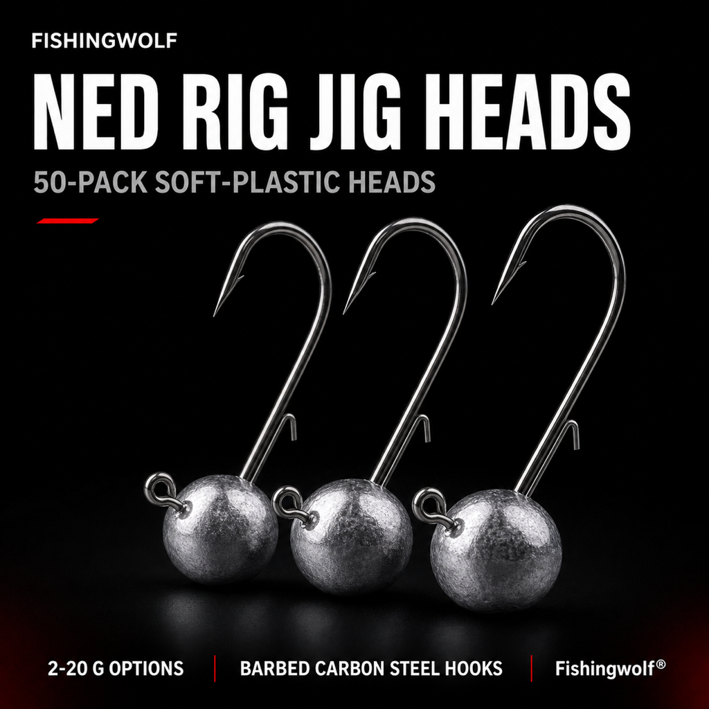 Ned rig jig heads with round lead heads and barbed carbon-steel hooks, 50 pack