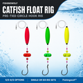 Catfish float rig set with red/green/yellow cigar floats, rattle beads, and pre-tied circle hooks