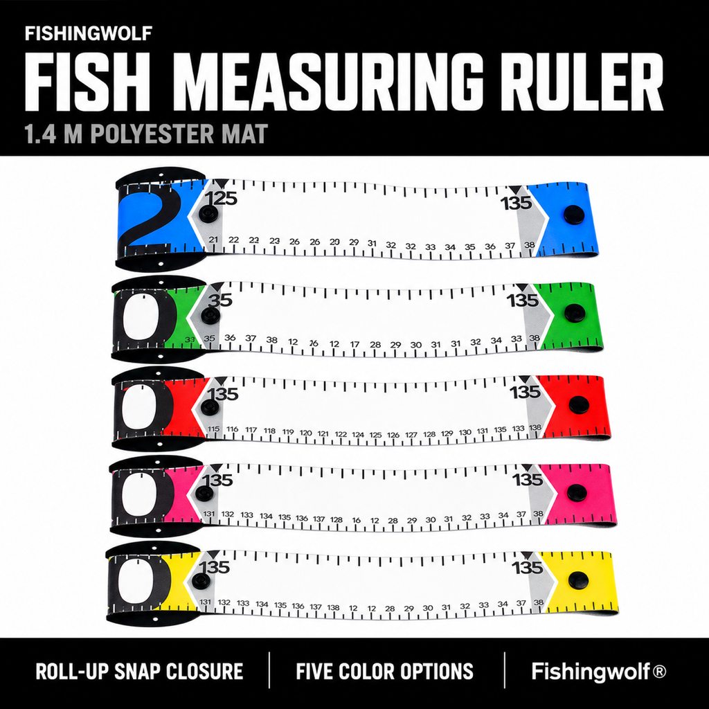Fish measuring ruler roll-up mat with snap closure, multi-color end plates and printed scale