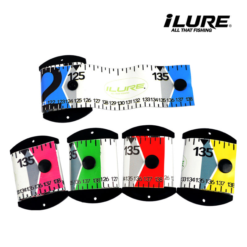 Roll-up fish measuring ruler mat with snap end plates, five color options shown